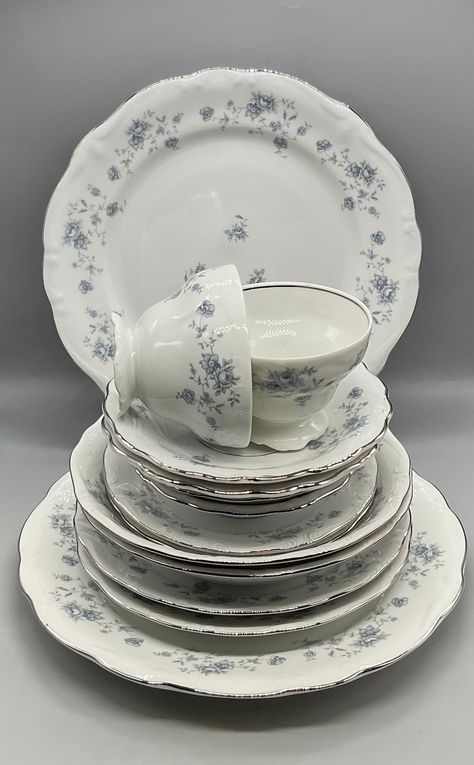 "Vintage Johann Haviland Bavaria Germany\"Blue Garland \" 7 Piece Place Setting Dinner Set for 2 ( 14 Pieces) Dinner set Includes: 2- Dinner Plates-10\" D 2- Salad Plates-7 3/4\" D 2- Cereal Bowls-7 1/2\" D x 1 1/2\" H  2- Bread and Butter Plates-6\" D  2-Fruit Bowls-5\" D x 1\" H 2- Saucers -6 1/4\" D  2- Teacups-3 3/4\" D x 2 3/4\" H Capacity-8 Oz. Bordered with beautiful blue flowers and platinum rims  In excellent condition with no chips,cracks,scratches or discoloration" Homemade Latte, Beautiful Blue Flowers, Blue Garland, Fine China Dinnerware, Silver Birthday, Antique Dishes, Vintage Dinnerware, Bread And Butter, Ceramics Pottery Art