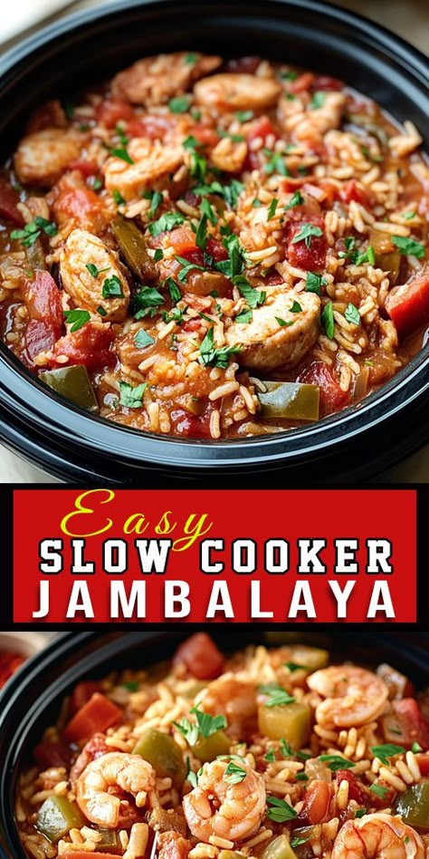 🔥 Craving bold, Southern flavors? This Slow Cooker Jambalaya recipe delivers a hearty and delicious dinner with minimal effort! 💡 Toss everything in the crockpot, and let the magic happen. Perfect for family dinners or meal prep. 👩‍🍳 #JambalayaLovers #SlowCookerRecipes #CrockpotMeals #SouthernComfortFood #QuickDinnerFix Chicken Shrimp Sausage Jambalaya, Slow Cooker Chicken Jambalaya, Easy Jambalaya Recipe Crockpot, Brajole Slow Cooker, Jambalaya Recipe Easy Crock Pot, Jumbalya Crockpot Recipes, Simple Jambalaya Recipe, Jambalaya For A Crowd, Crock Pot Jambalaya