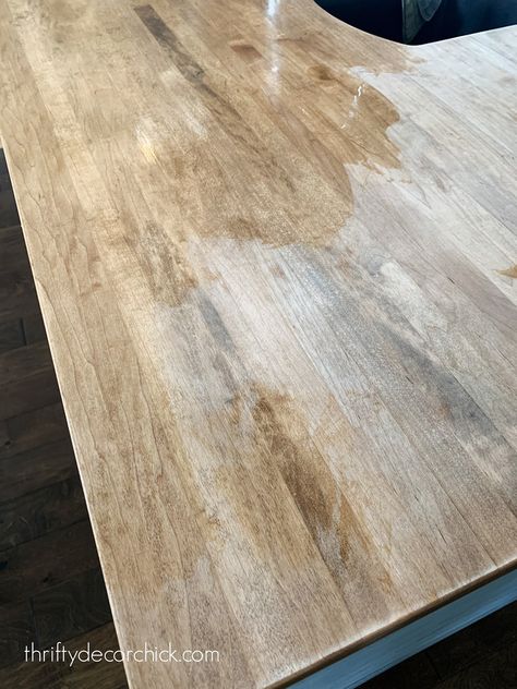 How Our Wood Counters Have Held Up Years Later | Thrifty Decor Chick | Thrifty DIY, Decor and Organizing Light Wood Countertops Kitchen, Butcher Block Stain Colors, Butcher Block Stain, Wood Island Countertop, Midcentury Cottage, Diy Butcher Block Countertops, Wooden Countertops Kitchen, Grey Wooden Floor, Butcher Block Counters