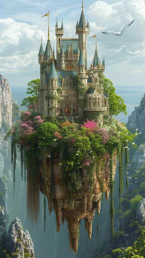 Enchanted #Castle Heights: A majestic #Fairytale castle perched atop a #FloatingIsland amidst soaring #Cliffs and #FlyingBirds. #aiart #aiphoto #stockcake ⬇️ #Download and 📝 #Prompt 👉 https://stockcake.com/i/enchanted-castle-heights_325327_404011 Castle On Floating Island, Fairy Castle Aesthetic, Fairytale Castle Aesthetic, Magical Castle Fantasy Fairytale, Fae Castle, Earth Castle, Elf Castle, Flying Castle, Fairytale Painting