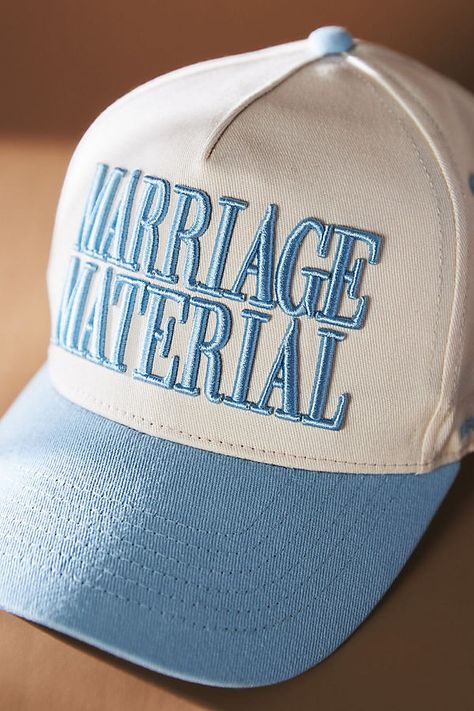 It's a fact - you're marriage material, so let the world know by donning this fun hat. | Marriage Material Trucker Hat by BRIDEMERCH in Blue, Women's, Cotton at Anthropologie Marriage Material Hat, Bride Accessories Bachelorette, Bachelorette Bridesmaid Gifts, Wedding Merch, Bachelorette Inspo, Bach Weekend, Marriage Material, Fun Hat, Bachelor/bachelorette Party