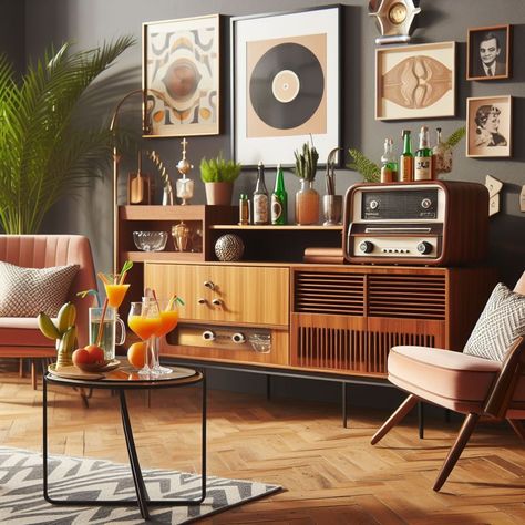 Retro Room Decor MCM Bar Carts Vintage Vibe Living Room, Urban Retro Interior, Retro Lounge Room Ideas, Mcm Family Room, Decoration Salon Vintage, Mid Century Coffee Shop, Vintage Studio Apartment Ideas, Retro Furniture Living Room, Mcm Living Room Decor