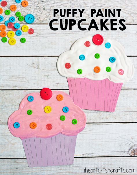 Puffy Paint Cupcake Craft For Kids - The perfect craft to pair with the book If You Give A Cat A Cupcake! Cupcake Craft, Cupcake Crafts, Baking Crafts, Cupcake Art, Puffy Paint, Birthday Crafts, Daycare Crafts, Art N Craft, Seashell Crafts