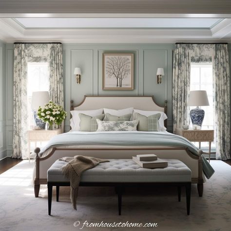 A two-toned bedroom with light green walls and cream trim and furniture Soft Blue Room, Blue Green Bedrooms, Light Green Bedrooms, Bedroom Color Combination, Classic Bedroom, Country Bedroom, Traditional Bedroom, Decoration Inspiration, Bedroom Green