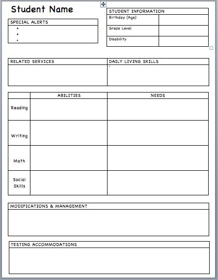 Student IEP Cheat Sheet. great idea for handy reference. Iep Meetings, Iep Goals, Learning Support, Teacher Binder, Student Information, Resource Room, Special Education Resources, Class Management, School Psychology