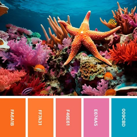 Sushi Colour Palette, Starfish Color Palette, Fall Beach Color Palette, Coral Colour Scheme, Sea Life Color Palette, Coral Palette Color, Seashell Color Palette, Coral Reef Color Palette, Underwater Color Palette