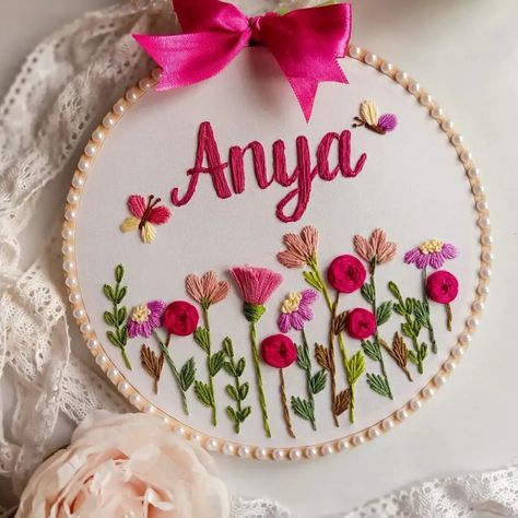 Baby name embroidery handmade hoops ❄️💖 . . Dm us for order 🎁 . . Embroidery Designs Names, Baby Hoop Embroidery, Embroidery For Baby Girl, Embroidery Name Designs, Embroidery Designs Baby Girl, Baby Name Embroidery Hoop, Baby Embroidery Hoop, Girl Embroidery Designs