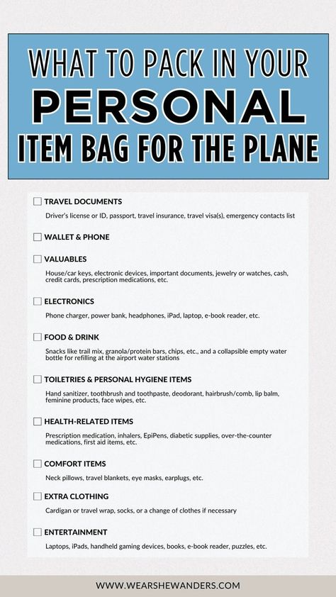 Make your next journey stress-free with our essential tips on what to pack in your personal item bag for plane travel. Discover carry-on packing tips and packing hacks that will transform the way you travel. Our guide ensures you have easy access to all your essentials in the compact space of your personal item bag. Ideal for travelers looking to streamline their packing list for travel, this pin is your ticket to a hassle-free and organized flight experience. Bag Packing Hacks, What To Pack Carry On, Plane Trip Essentials, What To Pack In Your Carry On Bag, Carry On Hacks, Air Travel Essentials, Plane Personal Item Bag, Traveling Ideas, Traveling Hacks Packing And Plane