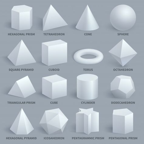 Realistic white basic 3d shapes vector set Premium Vector Basic 3d Shapes, Basic Shapes Design, Geometric Shapes Drawing, 3d Geometric Shapes, Shapes Vector, Perspective Drawing Lessons, Geometry Shape, Geometric Shapes Art, Art Basics