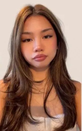 Asian Haircuts Long Hair, Chunky Highlights Korean, Hair Dye For Latinas, Haircut Inspo Side Part, Asian Chestnut Brown Hair, Haircuts For Long Shaped Face, Hair Cut Inspo Teen Girl Straight, Long Hair With Long Layers Face Framing, Long 2000s Hair