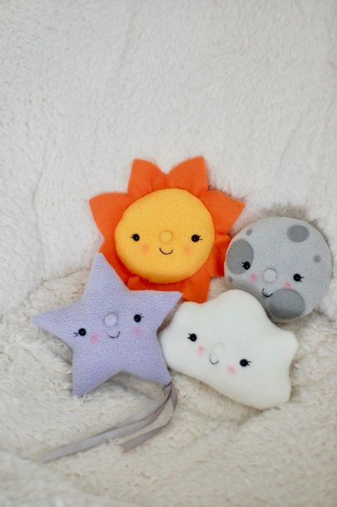 Sky Snuggles Plush Sun, Moon, Star, and Cloud: Free Sewing Pattern Star Plushies, Jar Of Thoughts, Sock Plushies, Rain Crafts, Plush Ideas, Weighted Plush, Diy Baby Toys, The Moon And The Sun, Cloud Rain