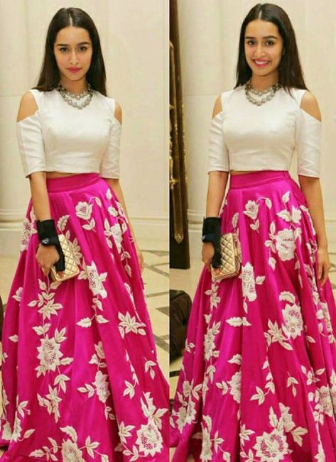 Shop Shraddha Kapoor Pink Bollywood Designer Crop Top Lehenga Online @ YOYO Fashion. Explore the Latest Designer Engagement Lehenga Designs. Amazing Dresses, Suits, Sarees, Kurtis and Lehengas at Best Prices. #lehengas #lehengastyle #designerlehengas #bridallehengas #weddinglehengas #style #fashion #shopping Skirt And Crop Top Indian, Silk Prom Dress, Crop Top Lehenga, Indian Lehenga Choli, Salwar Kamiz, Patiala Salwar, Prom Dresses Two Piece, Indian Lehenga, Ghagra Choli