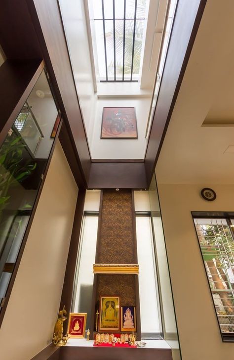 Pooja Room With Skylight, Pooja Room With Glass Walls, Double Height Pooja Room, Terace Design, Room With Skylight, Pooja Shelf, Wooden Wall Panelling, Double Ceiling, Pooja Door