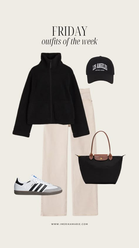 Full Black Outfit Casual, Wardrobe Ideas For Women, Erika Marie, Outfits Of The Week, Teacher Fits, Samba Outfit, Teddy Bear Jacket, Look Adidas, Bear Jacket