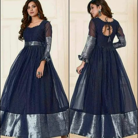 Saree Gaun Design Dresses, Back Neck Designs For Anarkali Dresses, Saree To Long Frock Designs, Frock Neck Designs For Girl, Saree Into Frock Designs, Gown Neck Design Indian, Neck Designs For Gowns Indian, Long Frock Designs For Women Party, Pattu Saree Frock Dresses