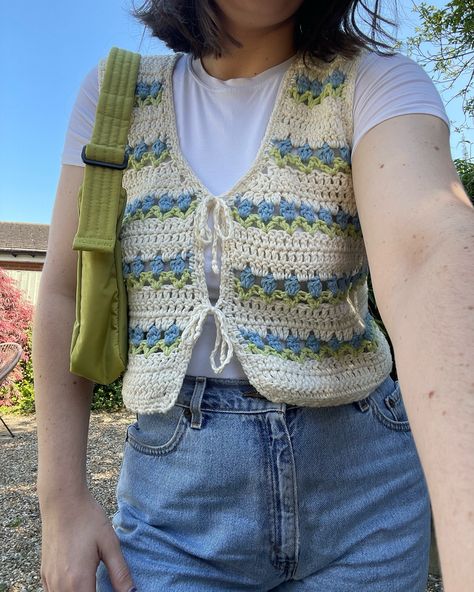 My favourite piece for spring/summer! 🌷Last chance to get 3 for 2 crochet patterns on my website with code ‘342PATTERNS’ ends Friday!! Styling Crochet Pieces, Cream Crochet Vest Outfit, Crochet Vest Styling, Cute Crochet Vest, Simple Crochet Vest Pattern Free, Spring Crochet Clothes, Crochet Ideas Winter, Crochet Easy Top, Crochet Summer Patterns