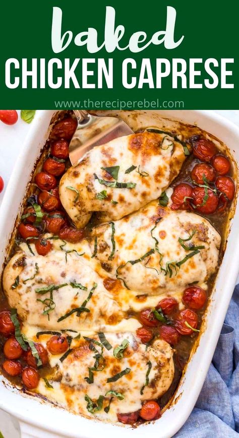 Whip up a delicious Baked Chicken Caprese in under half an hour! Enjoy tender chicken breasts topped with roasted cherry tomatoes, creamy Mozzarella, and a flavorful balsamic glaze. Perfect for a quick and satisfying dinner. Chicken Recipes Caprese, Chicken And Tomatoes Baked, Roasted Tomato Chicken Recipes, Dinner Cherry Tomatoes, Baked Chicken Tomato Recipes, Baked Chicken And Mozzarella Recipes, Slow Cooker Caprese Chicken, Mozzarella Balsamic Chicken, Chicken Recipe With Tomatoes