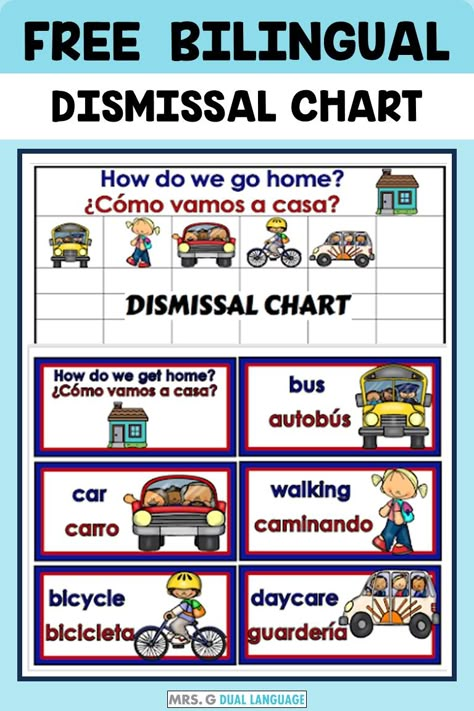 For the Bilingual or Dual Language Kindergarten or First Grade A dismissal chart to make the end of the day transportaion assignments easier to manage. Kindergarten Bilingual Classroom, Kindergarten Dual Language Classroom, Spanish Literacy Centers Kindergarten, Dual Language Prek Classroom, 1st Grade Dual Language Classroom, 1st Grade Bilingual Classroom, Dual Language Classroom Set Up, Gomez And Gomez Dual Language Classroom, Bilingual Classroom Labels