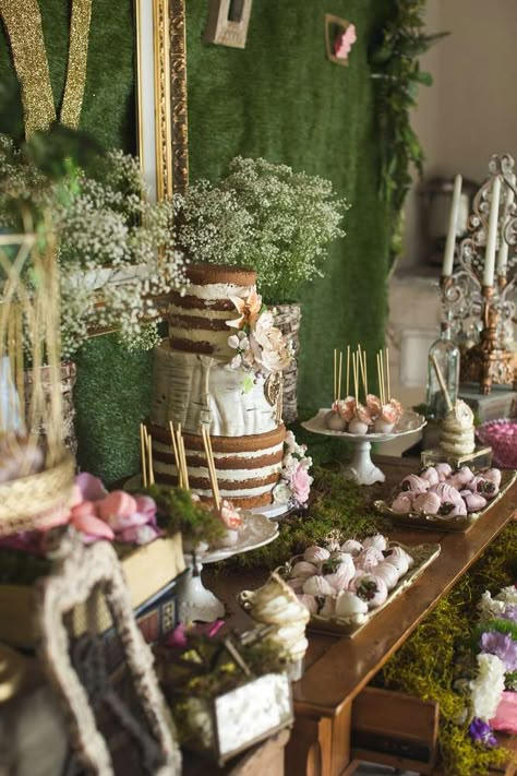 Enchanted Garden Birthday Party Ideas | Forest/ Garden theme party dessert table -Photo 1 of 11 | Catch My Party Woodland Baby Shower Theme Decorations, Woodland Baby Shower Theme Boy, Woodland Baby Shower Food, Enchanted Forest Baby Shower, Enchanted Forest Birthday, Forest Birthday Party, Fairy Garden Birthday, Enchanted Forest Party, Fairy Theme Party