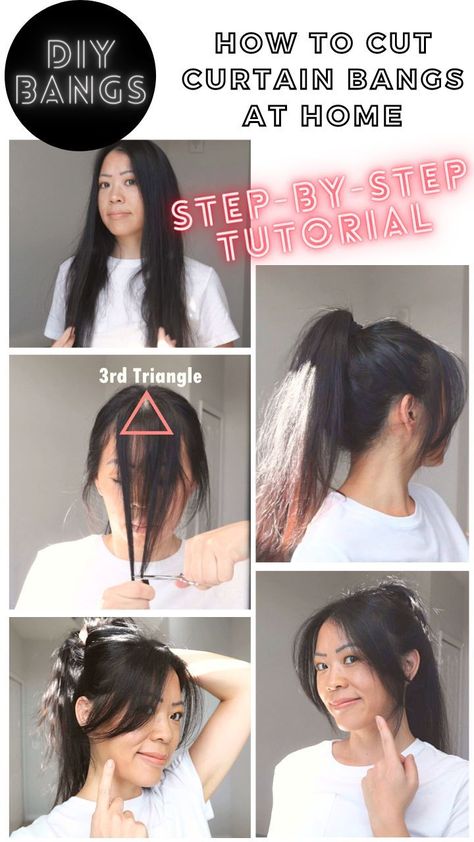 Simple Hairstyles for Beginners: Easy to Follow Cut Your Own Curtain Bangs, Curtain Bangs At Home, Diy Curtain Bangs, Cut Bangs Tutorial, How To Cut Fringe, Cut Side Bangs, Bangs At Home, Hair Dye Color Ideas, Silver Pixie