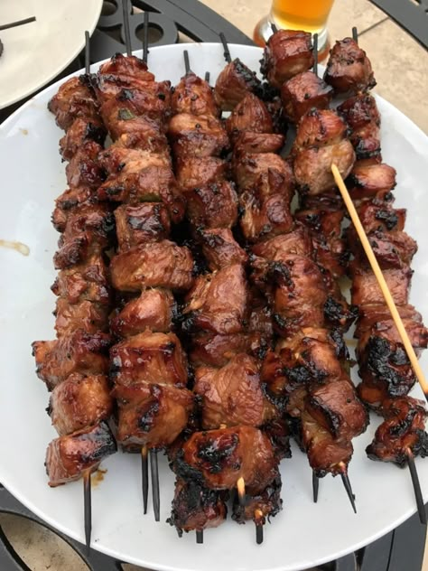 Shoulder Pork Recipes, Pork Skewers Marinade, Pork Kabobs On The Grill, Pork Shoulder Steak Recipes, Grilled Pork Skewers, Grilled Pork Shoulder, Pork Shoulder Recipes, Pork Skewers, Bbq Parties