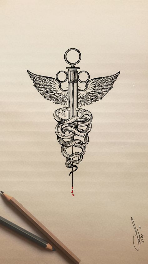 Medicine Related Tattoos, Tattoo Ideas For Doctors, Anesthesiologist Tattoo Ideas, Veterinary Tattoo Ideas Design, Tattoos For Medical Professionals, Anesthesiologist Tattoo, Veterinary Caduceus Tattoo, Minimalist Medical Tattoo, Medical Field Tattoo Ideas