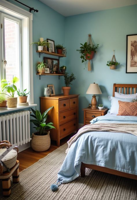 Light Blue Boho Bedroom Blue Room Green Accents, Light Blue Small Bedroom, Light Blue Bed Frame Bedroom Ideas, Modern Coastal Bedroom Ideas Blue, Aesthetic Blue Bedroom Ideas, Greenish Blue Bedroom, Light Blue Bedroom Paint Colors, Light Blue And Brown Bedroom, Earthy Blue Bedroom