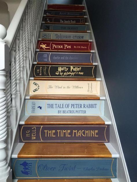 Book Staircase, Book Stairs, Geek Home Decor, Casa Disney, Stiffkey Blue, Attic Ladder, Stair Case, Geek Decor, Painted Stairs