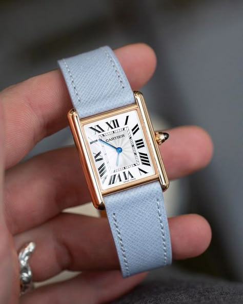 Molequin on Instagram: "Blue Dawn Saffiano paired with this glorious rose gold Cartier. A perfect combination. The colour is such a dreamy summer favourite and really begins to come into it’s own as we head into the warmer months. Saffiano needs no introduction and has become an iconic leather since It’s inception by Mario Prada nearly a century ago. @prosper_brussels ✨ ______________________________________________________ #leatherwatchstrap #watchstrap #watchstraps #handmadeinfrance #watchcol Rose Gold Cartier, Cartier Watches Mens, Blue Dawn, Wrist Candy, Blue Watches, Cartier Tank, Cartier Watch, Watches Unique, Old Money Aesthetic