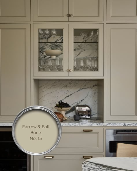 A soft grey with a hint of green, Farrow & Ball Bone brought a rich yet versatile look to the kitchen cabinetry in our Dunbar kitchen.   Design: Black Sheep Interior Design Millwork: Heritage Kitchens Build: Ratcliffe and Black Photo: Lauren Miller Styling: Stacey Smithers Mouses Back Farrow And Ball Kitchen Cabinets, Slipper Satin Farrow And Ball Kitchens, Farrow And Ball Cromarty Kitchen, Farrow And Ball Bone Kitchen Cabinets, French Grey Farrow And Ball Kitchen, Farrow Ball Bone, Farrow Ball Kitchen Cabinets, Farrow And Ball Bone Kitchen, Farrow And Ball Old White Kitchen