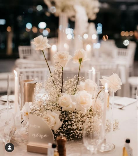 Baby's Breath And White Roses Wedding, Roses And Gypsophila Centrepiece, Modern Centerpieces Wedding Round Table, Long Stem Flowers Arrangements, Classical Modern Wedding, Modern Wedding Centrepiece, Timeless White Wedding Decor, Unique Wedding Table Centerpieces Simple, Floral Display Wedding