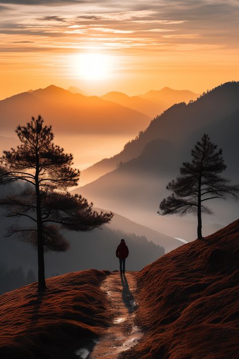 Mountain wallpaper sunrise in autumn season with solitary figure Sun Rise Wallpaper Iphone, Dreamy Landscape Photography, Beautiful Sunrise Photography Mornings, Mountain Sunrise Wallpaper, Morning Wallpaper Nature, Sunrise Wallpaper Iphone, Mountain View Aesthetic, Himalayas Painting, Morning Sunrise Aesthetic