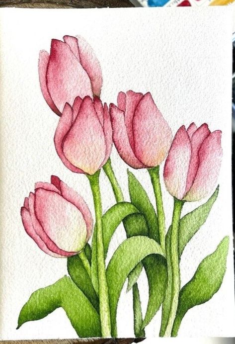 Water Colour Painting Beginner, Watercolour Inspiration Simple, Tulip Canvas Painting, Water Colours Painting For Beginners, Uwu Drawing, Tulip Watercolor Painting, Watercolour Birthday Cards, Watercolour Tulips, Tulip Illustration