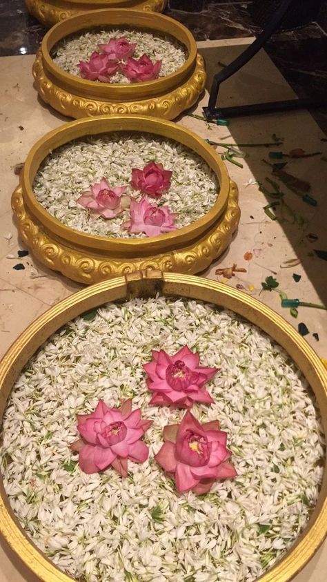 Photo of Brass utensils with lotus motifs Vintage Flower Decor, Brass Utensils, Lotus Motifs, Diwali Decorations At Home, Diy Diwali Decorations, Desi Wedding Decor, Mehndi Decor, Traditional Wedding Decor, Wedding Decor Style