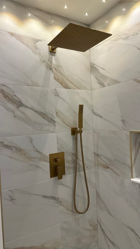 This new and contemporary shower head set is a gorgeous staple piece for a bathroom! Comes in different colors and sizes but this gold color is gorgeous! Check out my link and follow for more inspo! #sponsored #affiliatelink #bathroom #bathroomideas #bathroomremodel #showerdesign #showerrenovation #remodel Mist Shower Head, Gold Waterfall Shower Head, Side By Side Shower Heads, Bathroom Shower Head Ideas, Shower Heads Rainfall, Shower Head Ideas, Gold Shower Fixtures, Shower Head Placement, Gold Shower Head