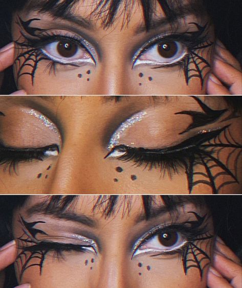 more in the telegram Spider Halloween Costume Makeup, Witch Spider Makeup, Subtle Spooky Makeup, Spooky Halloween Makeup Looks, Spooky Season Makeup Looks, Cobweb Eye Makeup, Witch Makeup Eyeliner, Glitter Witch Makeup, Goth Barbie Costume