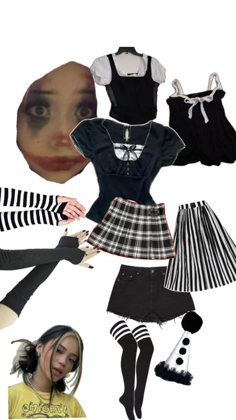 Black and white clown Halloween Clown Custome Women Halloween, Clown Last Minute Costume, Black And White Clown Costume Diy, Clown Costume Aesthetic Outfit, Cute Clown Costume Women Diy, Clown Costume Diy Women, Diy Clown Costume For Women Simple, Black And White Clown Outfit, Simple Clown Costume Outfit