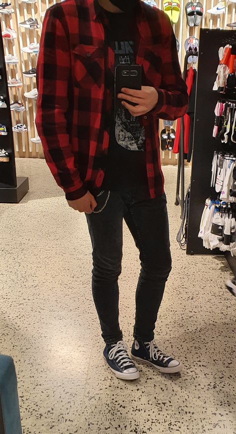 Red Flannel Men Outfit, Red Flannel Outfit Aesthetic, Black And Red Flannel Outfit, Short Sleeve Flannel Outfits, Red Checkered Outfit, Red And Black Outfits Aesthetic, Red And Black Outfits Men, Red And Black Flannel Outfit, Red Flannel Outfits