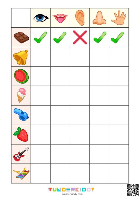 Learning game My Five Senses is meant to help children to learn what sense organs there are and how they work. The game task is to define which sense organ we use by the contact with a particular object. Print activity sheets and ask your child to tell what items and what organs are depicted on the page. Then the child is to put a tick into table cells, depending on what sense organ we use by the contact with a particular object. In some cases, there are several possible options. For example,... Human Outline Drawing, Senses Worksheet Preschool, Human Outline, 5 Senses Craft, 5 Senses Worksheet, Body Parts Preschool Activities, Five Senses Worksheet, Reasoning Activities, Five Senses Preschool