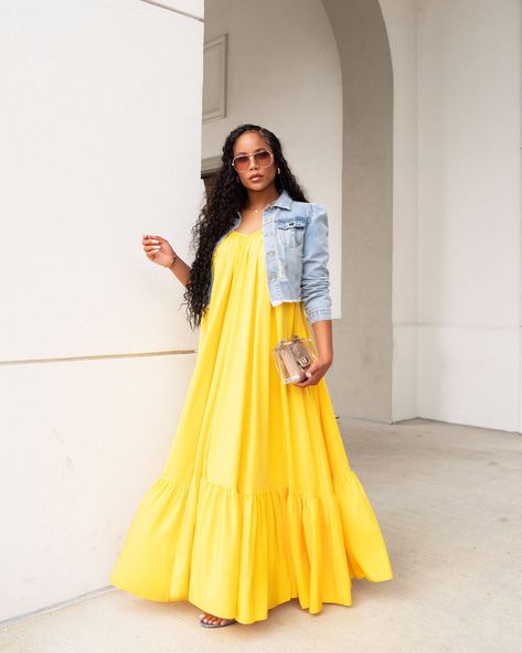 My new favorite look ☀️⁠ ⁠ Shop this look at shopkosmios.com ⁠ ⁠ Search | SUNRISE BEAUTY MAXI DRESS | MATCHING VIBES JACKET Dress And Sneakers Outfit, Color Blocking Outfits, Yellow Maxi, Maxi Dress Outfit, Classic Denim Jacket, Pleated Maxi Dress, Pleated Maxi, Sneakers Outfit, Fabulous Fashion