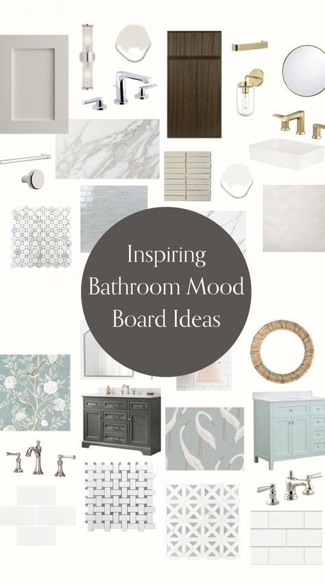 Discover inspiring bathroom mood board ideas to transform your space into a serene retreat! Our collection of inspiring bathroom mood board designs will spark your creativity. Explore bathroom mood board inspiration that blends style and functionality effortlessly. With creative bathroom mood board ideas, you can design a bathroom that’s both beautiful and practical. Start creating your dream bathroom today! Small Bathroom Mood Board Inspiration, Bathroom Tile Design Boards, Black And White Bathroom Mood Board, Bathroom Design Board Color Schemes, Boho Bathroom Mood Board, Master Bath Design Board, Small Bathroom Mood Board, Organic Modern Bathroom Mood Board, Bathroom Tile Mood Board