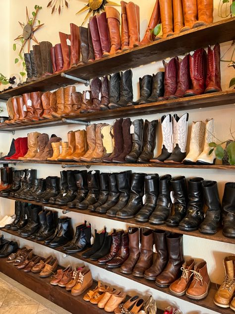 Wood shelves filled with different pairs of cowboy boots Boots Shelf, Cowboy Boot Storage, Boot Closet, Boot Wall, Golden Aesthetic, Boots Country, Boot Rack, Boot Storage, Lifestyle Aesthetic