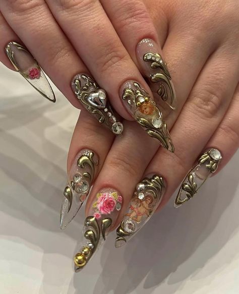 cherubs energy #goldnails #goldmolding #cherubnails #ornamentnails #chromenails #goldchromenails #3dnailart #gelxnails #stilettonails… | Instagram Gold Chrome Nails, Nail Art For Beginners, Red Nail Designs, Nail Art Wedding, Press Ons, Pastel Nails, Nails Toes, 3d Nail Art, Pretty Acrylic Nails