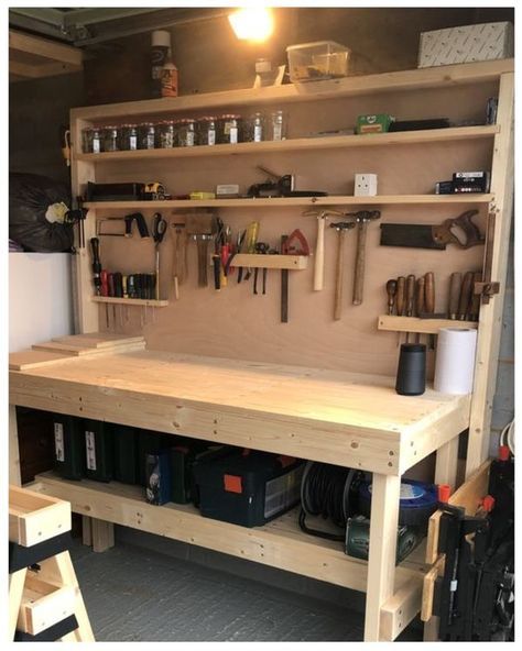 Awesome Woodworking Projects & Tips Diy Workbench With Table Saw, Wood Work Bench Diy, Wood Shop Shelves, Build A Work Bench, Small Garage Workbench Ideas, Wood Working Shop Ideas Workshop, Shop Bench Ideas, Wood Workshop Design, Flip Top Work Bench