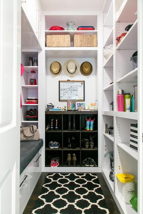 Kitchen pantry and mudroom combo boasts a built-in bench fitted with two drawers facing a wall of floor to ceiling modular pantry shelves across from a black Moroccan trellis rug. Small Mudroom Ideas, Pantry Room, Pantry Wall, Christina Applegate, Mudroom Design, Pantry Shelf, Built In Bench, Stunning Kitchens, Old Kitchen