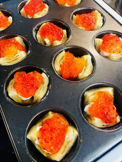 Pepper Jelly and Cream Cheese Bites - Cooks Well With Others Red Pepper Jelly Appetizer, Pepper Jelly And Cream Cheese, Appetizer Puff Pastry, Red Pepper Jelly Recipe, Puff Pastry Cups, Cream Cheese Bites, Pastry Cups, Fancy Appetizer Recipes, Cream Cheese Puff Pastry