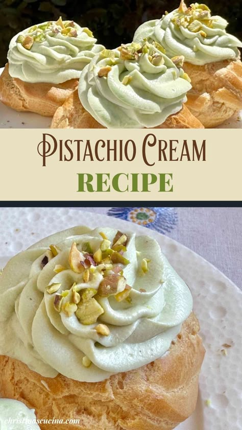 Pistachio cream is dreamy, pastry cream filling flavored with pistachio. Use it for zeppole di San Giuseppe, donuts, in meringues and more. Pistachio Cruffin Recipe, Pistachio Creme Patisserie, Pistachio Pastry Cream Recipe, Pistachio Cannoli Filling, Pistachio Cream Filling, Vegan Pistachio Cream, Pistachio Puff Pastry Dessert, Pistachio Whipped Cream, Italian Pistachio Cream