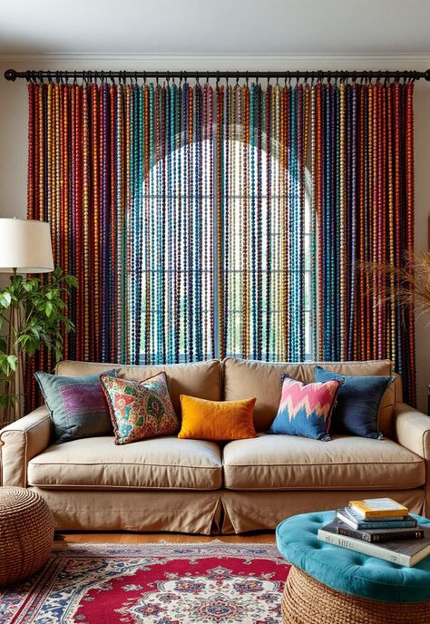 Boho Window Treatments Bamboo Beaded Curtains Doorway, Curtain Beads Ideas, Boho Blinds, Boho Living Room Curtains, Bohemian Window Treatments, Boho Curtains Living Room, Boho Window Treatments, Eclectic Curtains, Lace Window Treatments