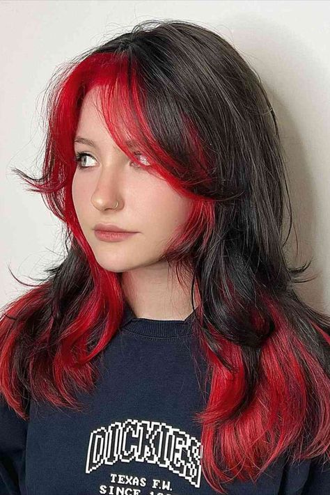 Long Black and Red Wolf Cut with Flipped Layers and Curtain Bangs 2 Tone Hair Dye Ideas, Colored Hair With Black Tips, Wolf Cut Colored Hair, Red And Black Wolf Cut, Red Hair Dye Styles, Wolf Cut Hair Dye, Hair Dye Styles Ideas, Different Hair Color Styles, Goth Girl Hair