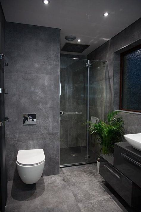 Dark Grey Washroom, Grey Modern Bathroom Ideas, Antracit Bathroom Ideas, Modern Dark Bathroom Design, Bathroom Dark Design, New Home Furniture Ideas, Dark Tiled Bathrooms, Dark Ensuite Bathroom Ideas, Bathroom Interior Design Dark